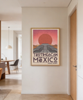 Vintage Mexican landmark print with symmetrical stepped monument