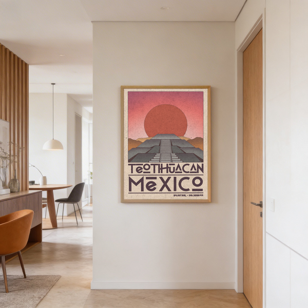 Vintage Mexican landmark print with symmetrical stepped monument