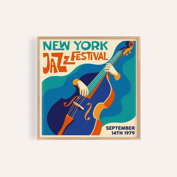 New York Jazz Festival Art Print with Blue and Orange for living room wall art