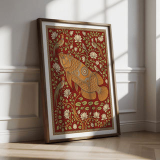 Vintage-style fish poster print with birds, vines, and lotus motifs