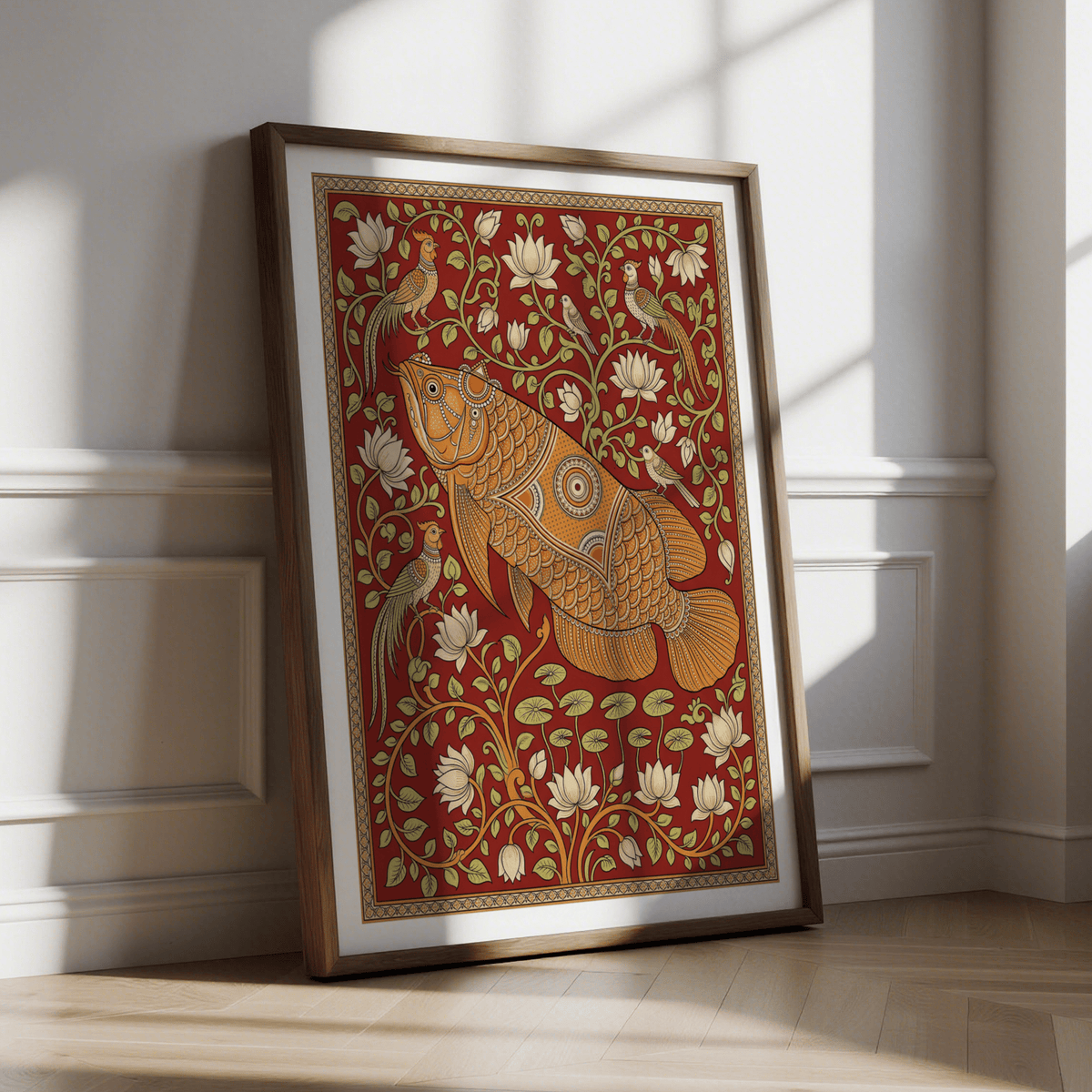 Vintage-style fish poster print with birds, vines, and lotus motifs