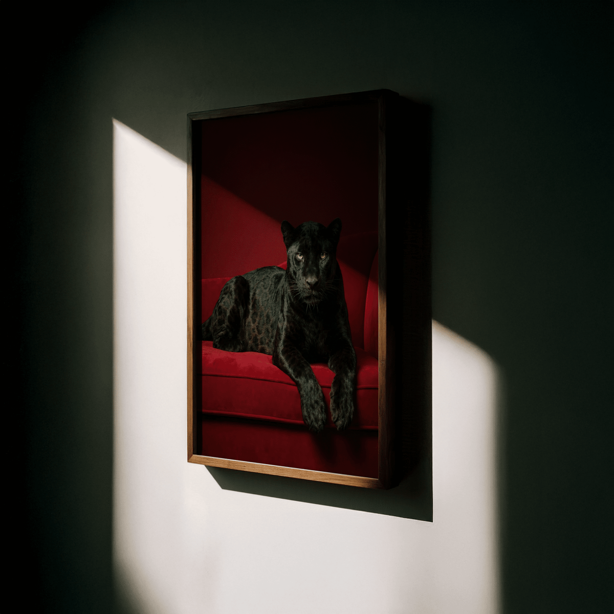 Luxury Panther Art design, dramatic red and black palette for living areas