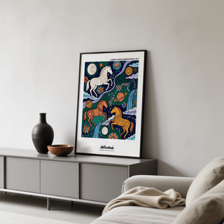 Framed view of Cosmic Horse Art Print above a mid-century sofa