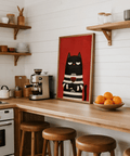 Cat Wine Art Print featuring playful black cat for dining room wall art