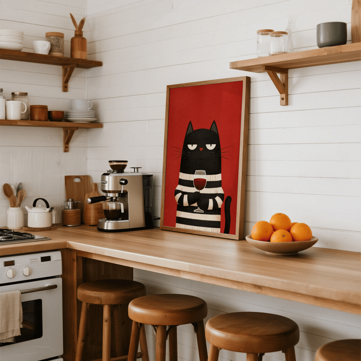 Cat Wine Art Print featuring playful black cat for dining room wall art