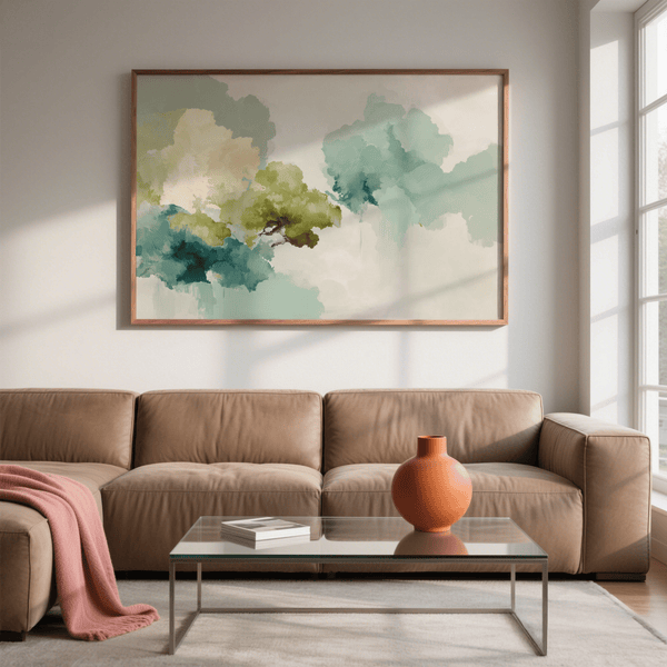 Abstract Tree Art Print using Green, Beige, and White for dining room elegance