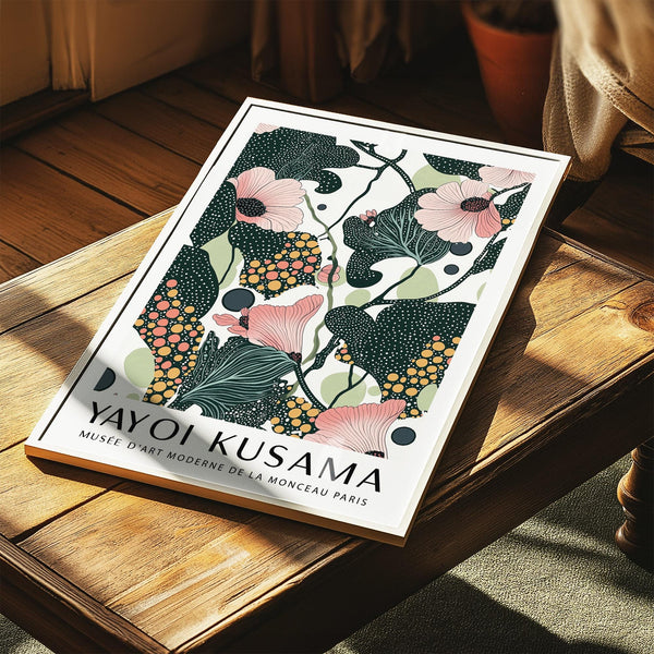 Graphic wall art with pink botanical forms and green organic textures