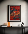 Indian Tiger Wall Art poster featuring tiger nestled beside lotus blooms and lily pads