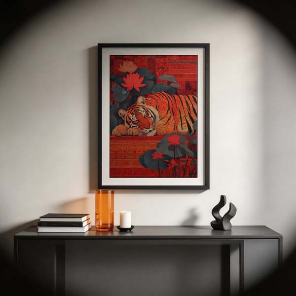 Indian Tiger Wall Art poster featuring tiger nestled beside lotus blooms and lily pads