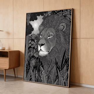 Centered lion portrait wall art print with jungle leaves, tall grasses, and a bright sun shape behind