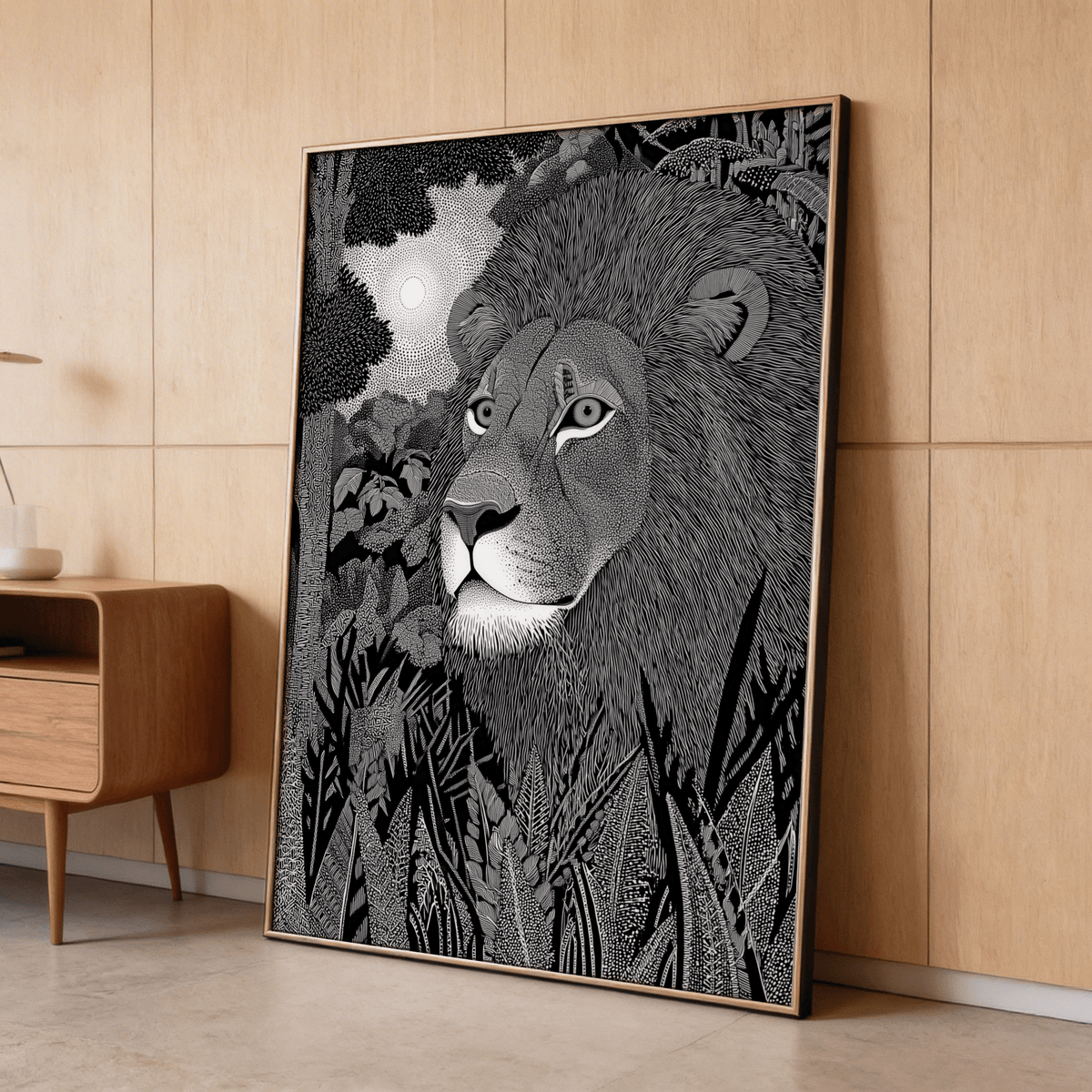 Centered lion portrait wall art print with jungle leaves, tall grasses, and a bright sun shape behind