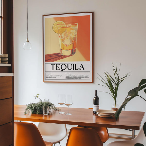 Minimalist tequila drink print used as home bar wall decor

