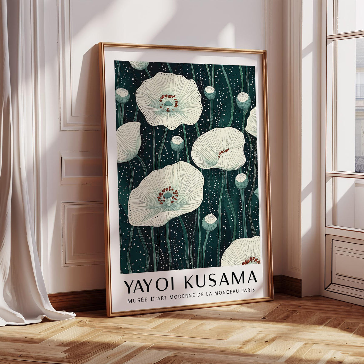 Poppy Prints with soft white flowers and green stems on dark backdrop.