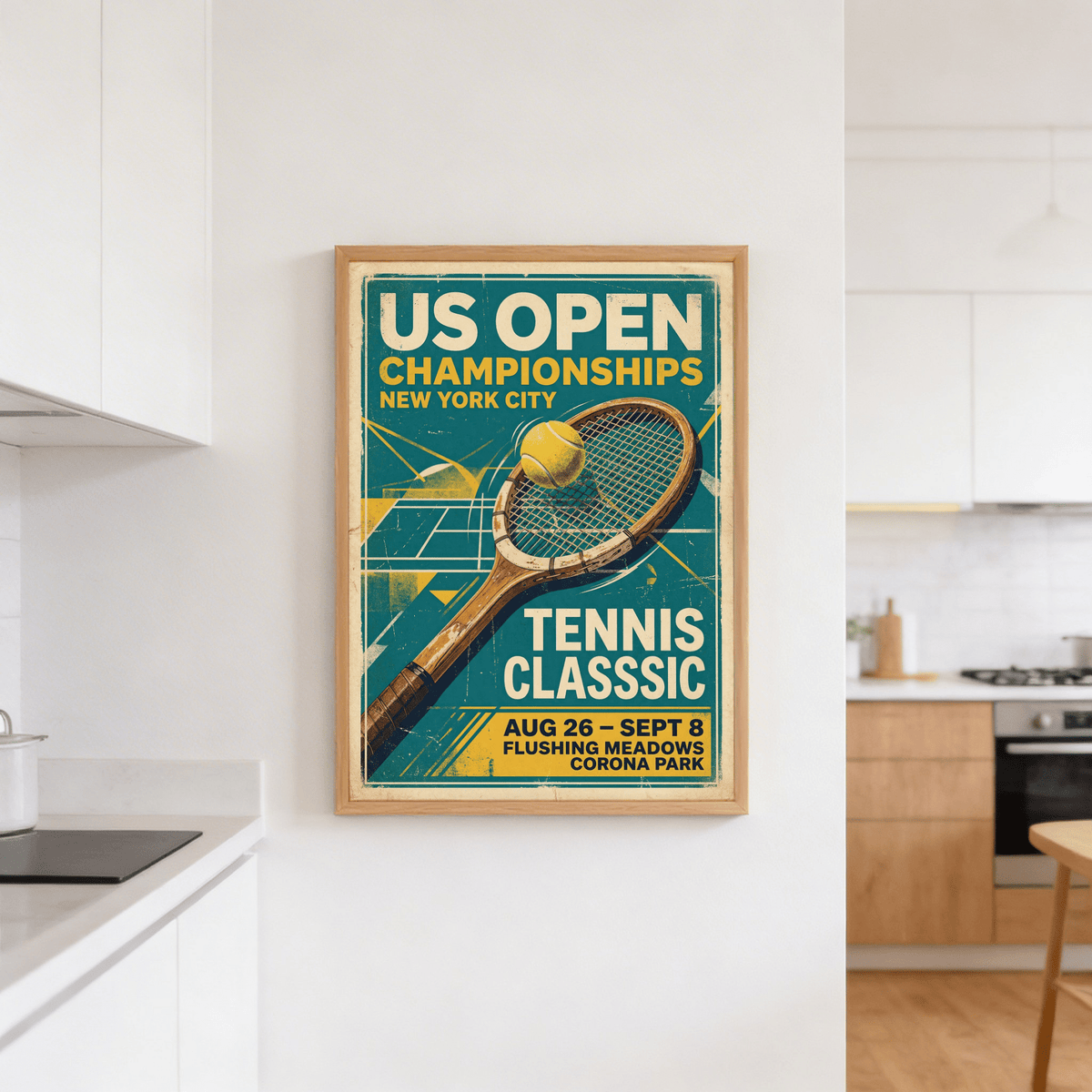 Zoomed racket strings and tennis ball illustration in classic poster style