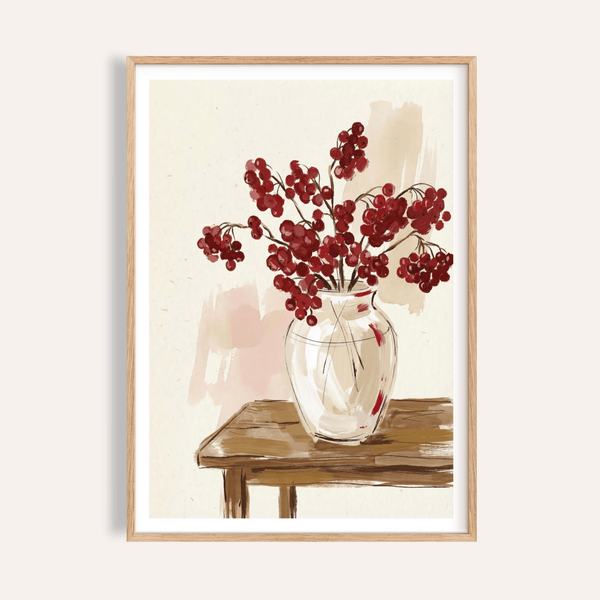 Red Berries Poster still life of berry branches in glass vase