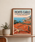 Monte Carlo Tennis Print artwork with Riviera hills and terracotta rooftops