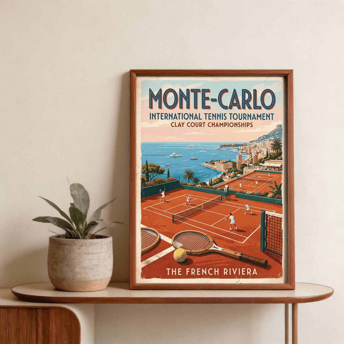 Monte Carlo Tennis Print artwork with Riviera hills and terracotta rooftops