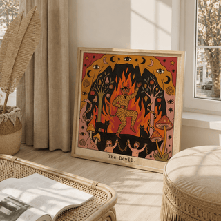 Full composition of The Devil Tarot Card Art poster with flames and celestial border