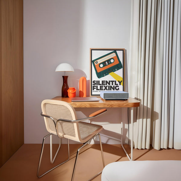 Bold typography retro cassette poster with nostalgic vibes.