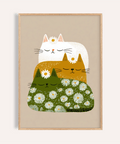 Sleeping Cats Art Print in green, orange, and white for nursery wall art