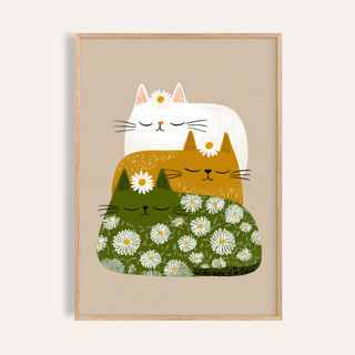 Sleeping Cats Art Print in green, orange, and white for nursery wall art