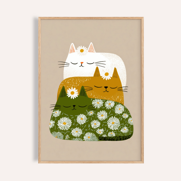 Sleeping Cats Art Print in green, orange, and white for nursery wall art