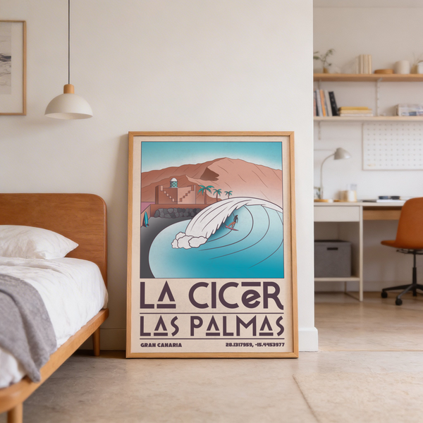 Illustrated travel poster print showing a stone seawall, coastal fort, and hills behind a large wave