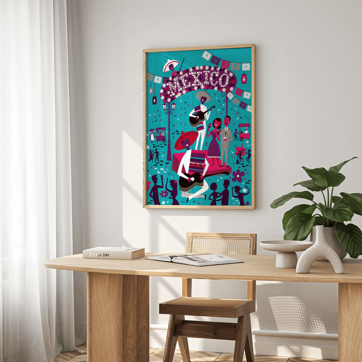 Blue purple pink palette depicting lively mariachi celebration