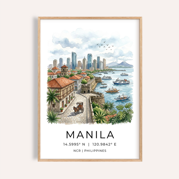 Illustrated Manila waterfront poster with skyline, boats, and promenade