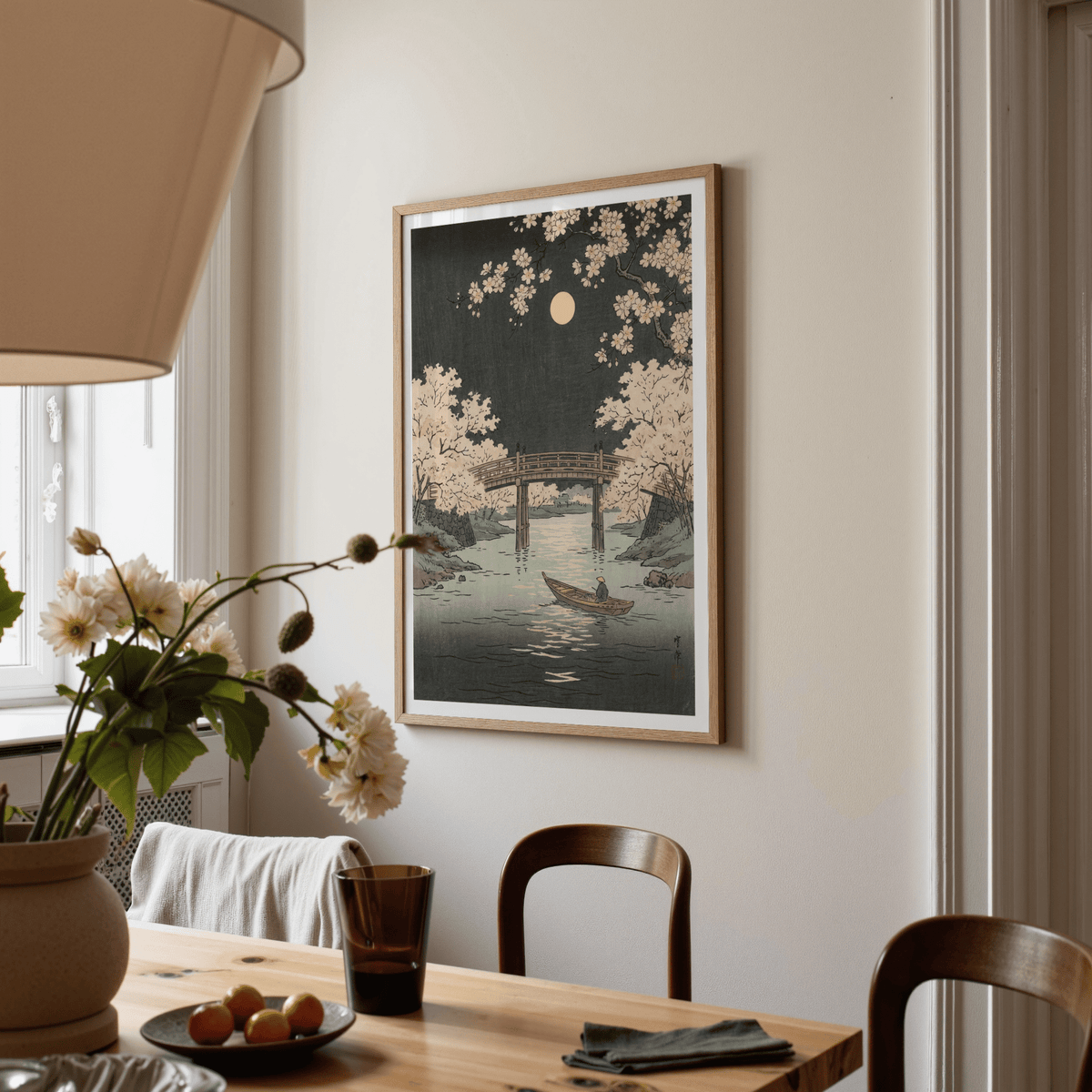 Cherry Blossom Art Print with Black sky for serene dining room wall art