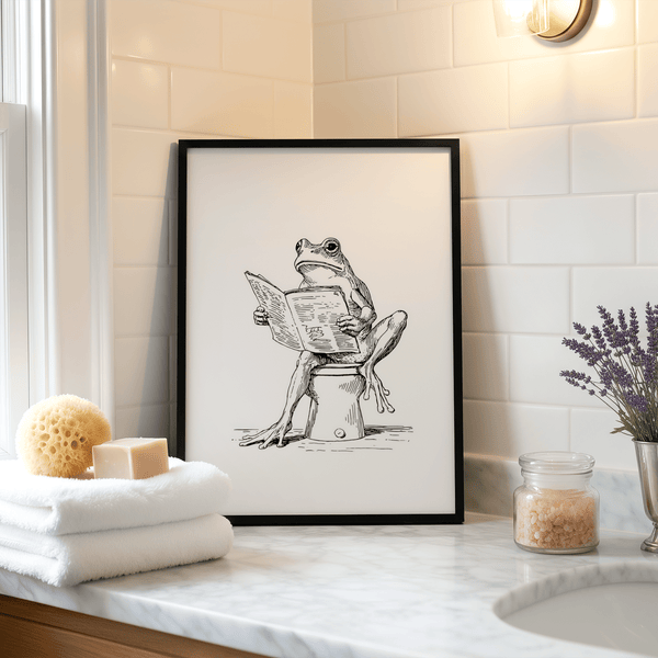 Minimal line illustration of a frog holding an open book art print
