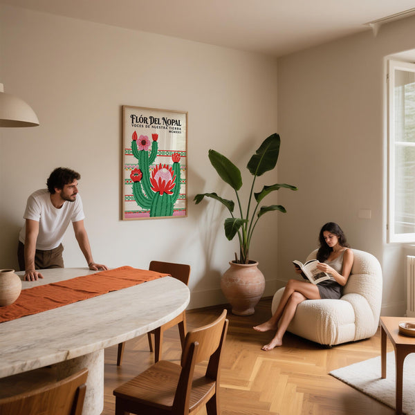 Mexican Folk Art Print with desert cactus and bold floral details.