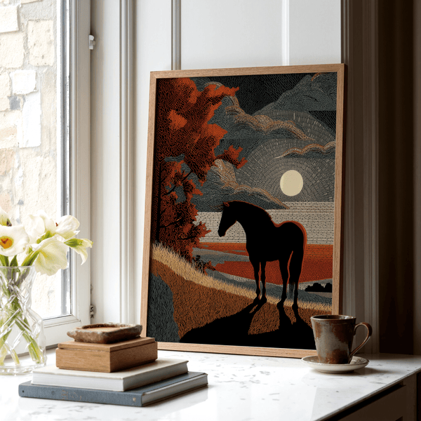 Close detail of line-textured sky and banded farmland in minimalist print