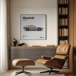 Monochrome Maserati Khamsin Poster with Gray and Black for lounge wall art