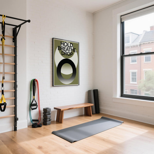 Fitness poster with Hold Breathe Drop phrase on abstract background.