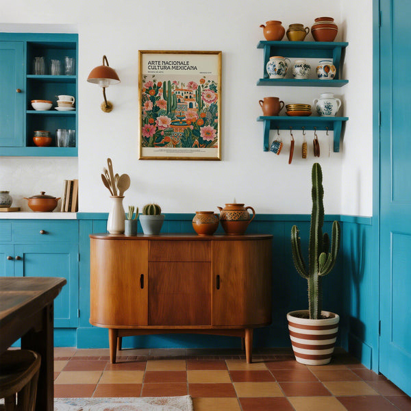 Mexican folk art wall decor with warm tones for eclectic spaces.