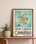 Vintage-style island outline print poster featuring Gran Canaria with fish, boat, and windsurfer