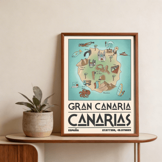 Vintage-style island outline print poster featuring Gran Canaria with fish, boat, and windsurfer