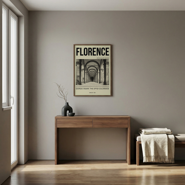 Florence Architecture Print featuring black and white colonnade photo and date 'Begun: 1560'