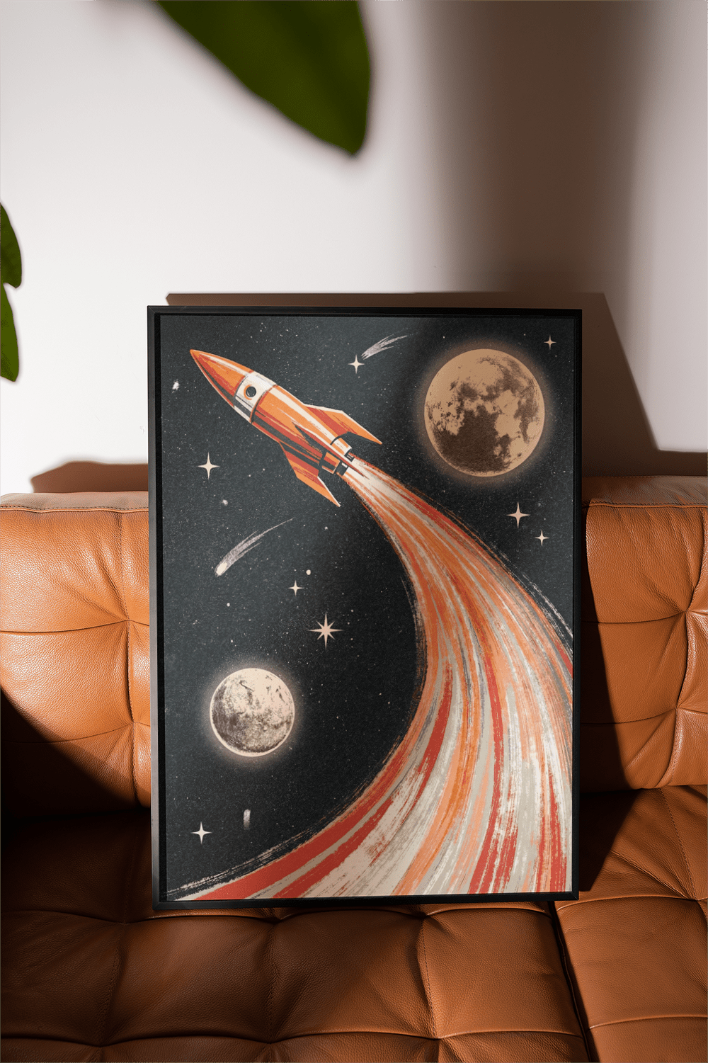 Rocket Ship Wall Art print with cosmic design for nursery wall