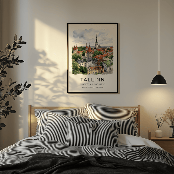 Watercolor-style city skyline wall art print showing Tallinn rooftops and trees