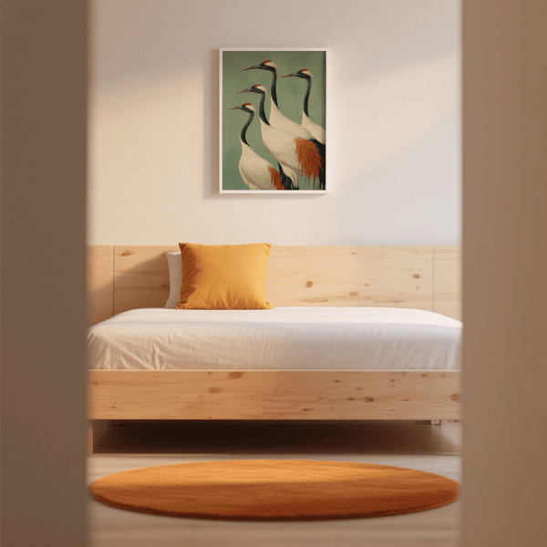 Vertical crane poster in green orange beige palette for living room