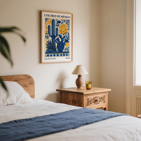 Bold botanical illustration in Mexican folk art style with cactus plants.