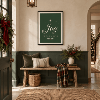 Forest green festive print above a wooden bench in a panelled entryway
