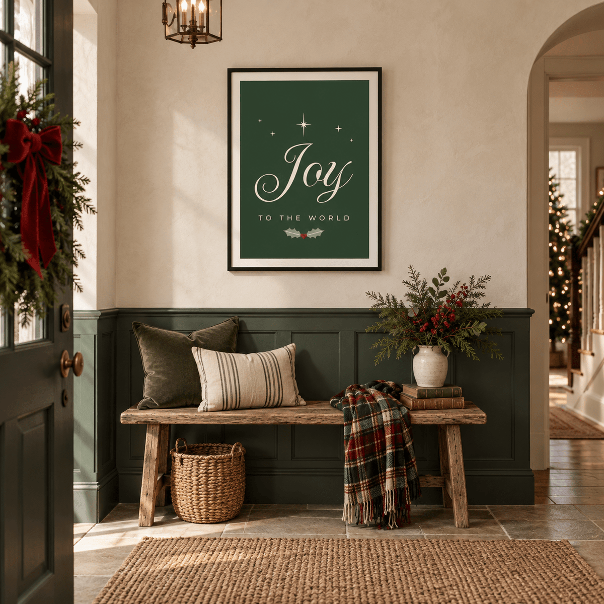 Forest green festive print above a wooden bench in a panelled entryway