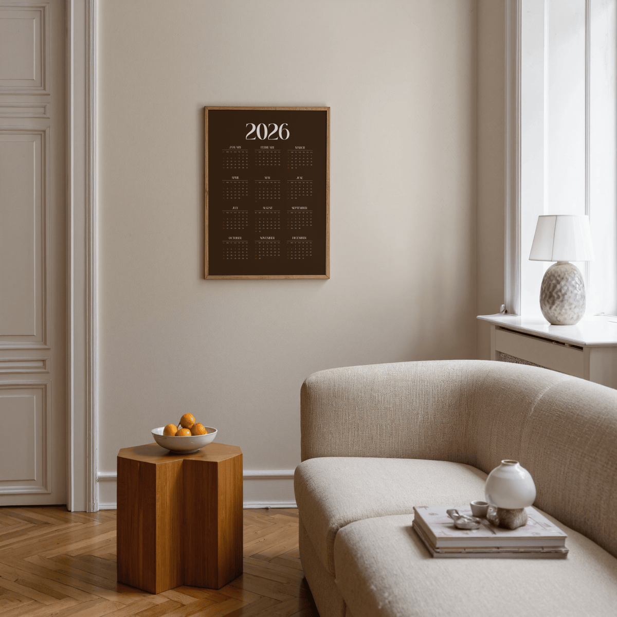 Modern Brown Calendar Print poster in brown, orange, white for living room