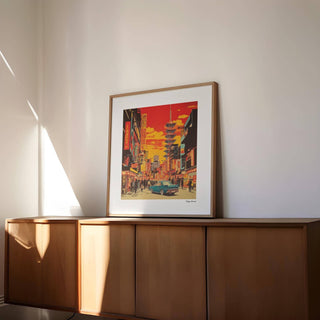 Japonise art showing warm city glow and nostalgic Tokyo streets
