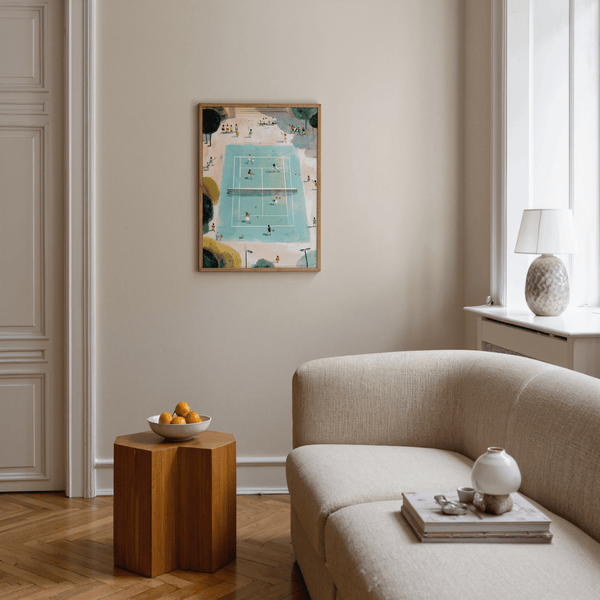 Birds-eye tennis poster showing a blue court, white lines, and scattered tennis balls