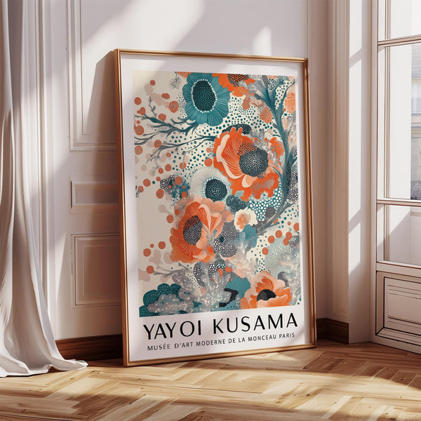 Teal and orange wall art featuring abstract floral shapes and dotted details