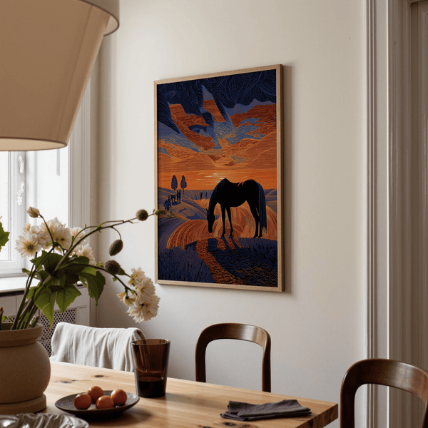 Linework countryside artwork highlighting dramatic dusk color strata